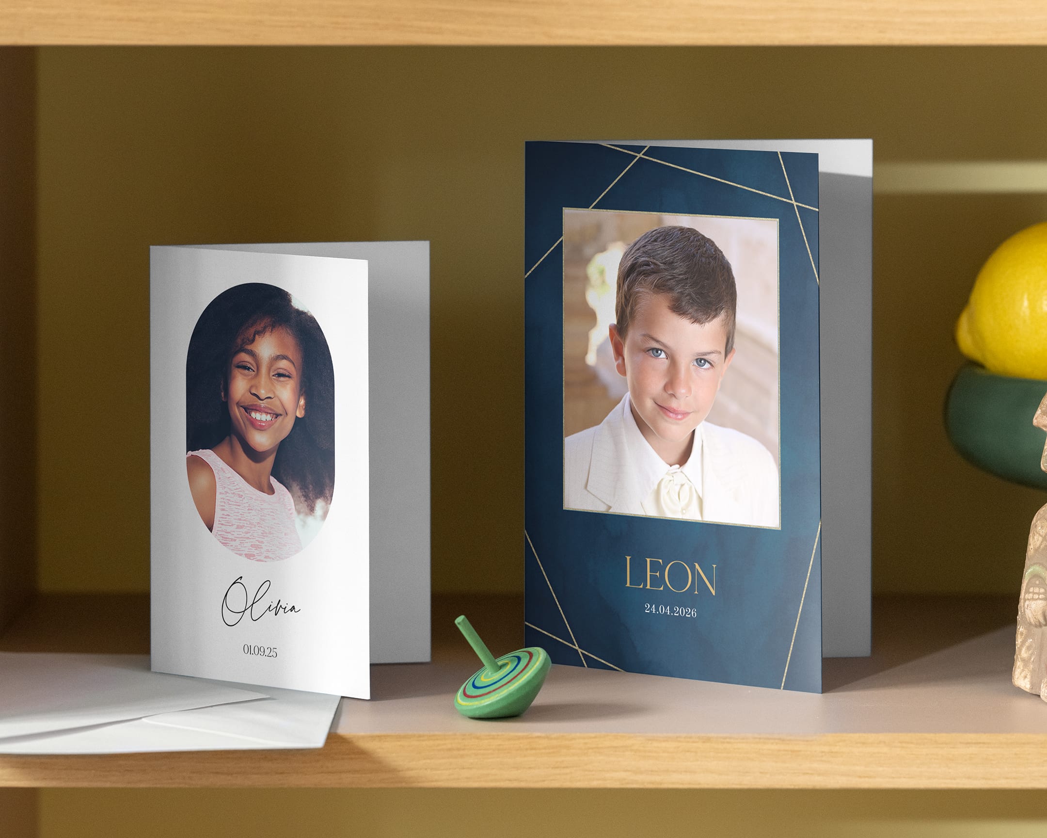 Opened card for communion with children imagery and envelopes