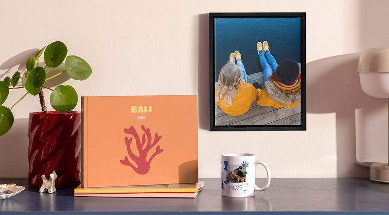 Personalised photo products from Photobox including a photo book, framed wall art piece and a mug.