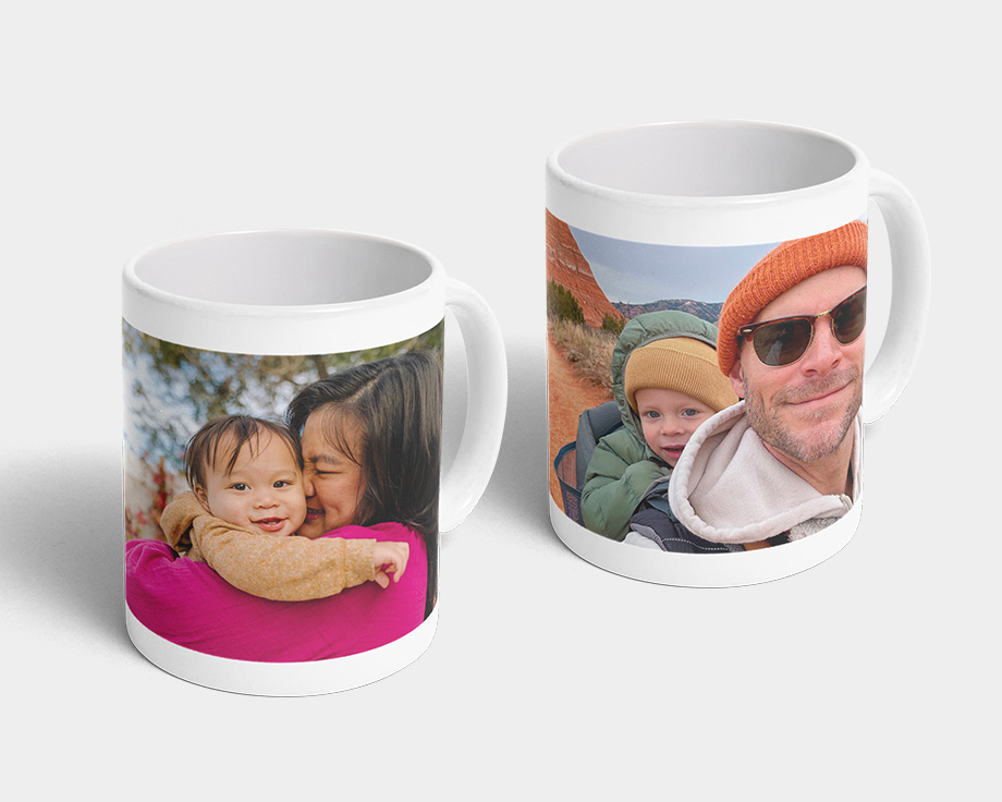 Two mugs featuring photos of families