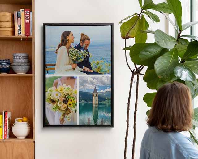 A framed collage print hanging on a wall featuring wedding pictures.