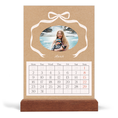 Easel Desk Calendar Portrait  — Kraft and bow [March]