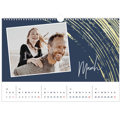 A3 Photo Calendar — Gold brush backgrounds [March]