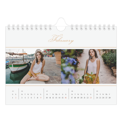 A5 Landscape Photo Calendar — Gold script banner [February]