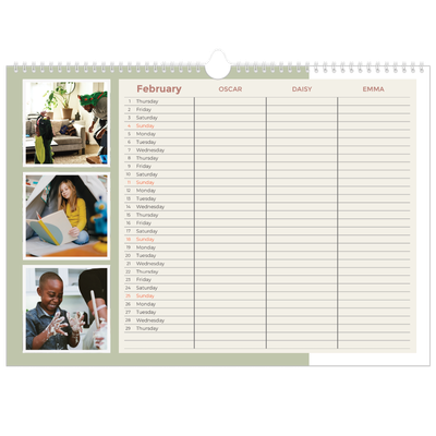 Family Planners A3 Landscape — Earthy frames Planner - Family of 3 [February]