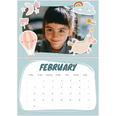 A4 Double Photo Calendar — Rainbow unicorn [February]