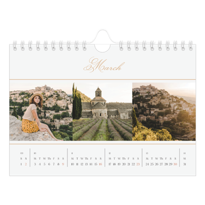 A5 Landscape Photo Calendar — Gold script banner [March]